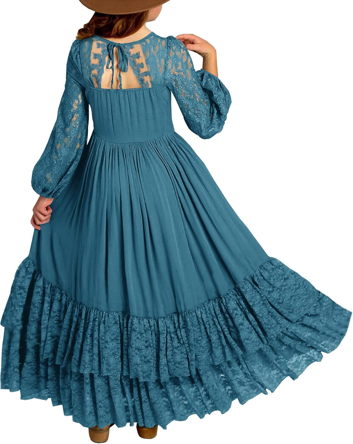 MITILLY Girls Boho Long Sleeve Backless Lace Maxi Dress