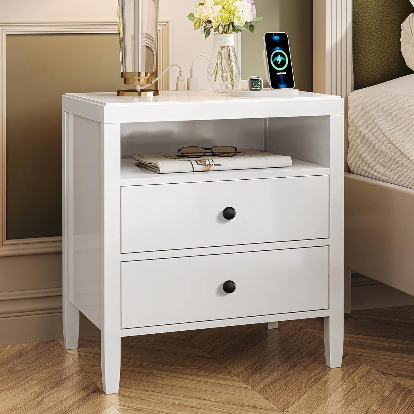Huuger Nightstand with Charging Station and 2 Drawers for Storage