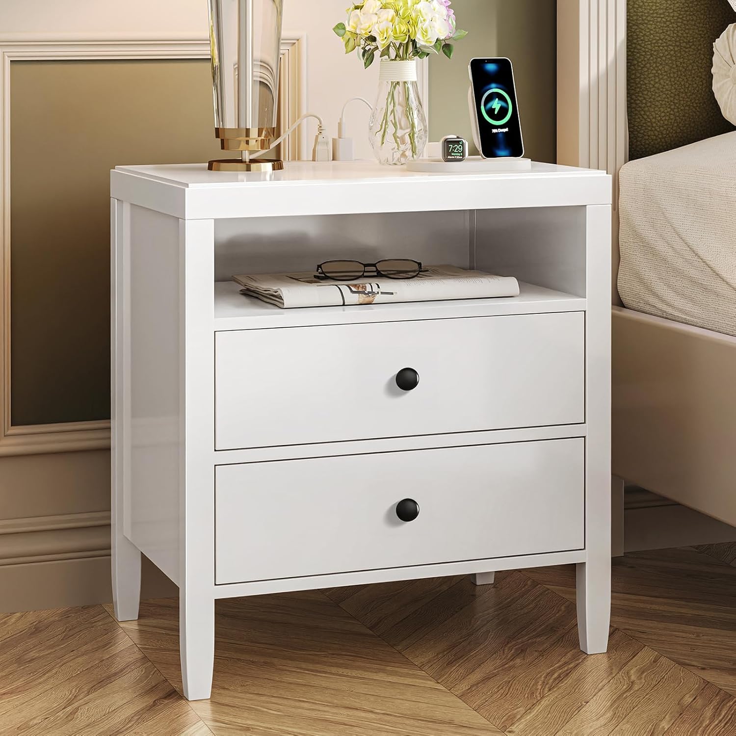 Huuger Nightstand with Charging Station and 2 Drawers for Storage