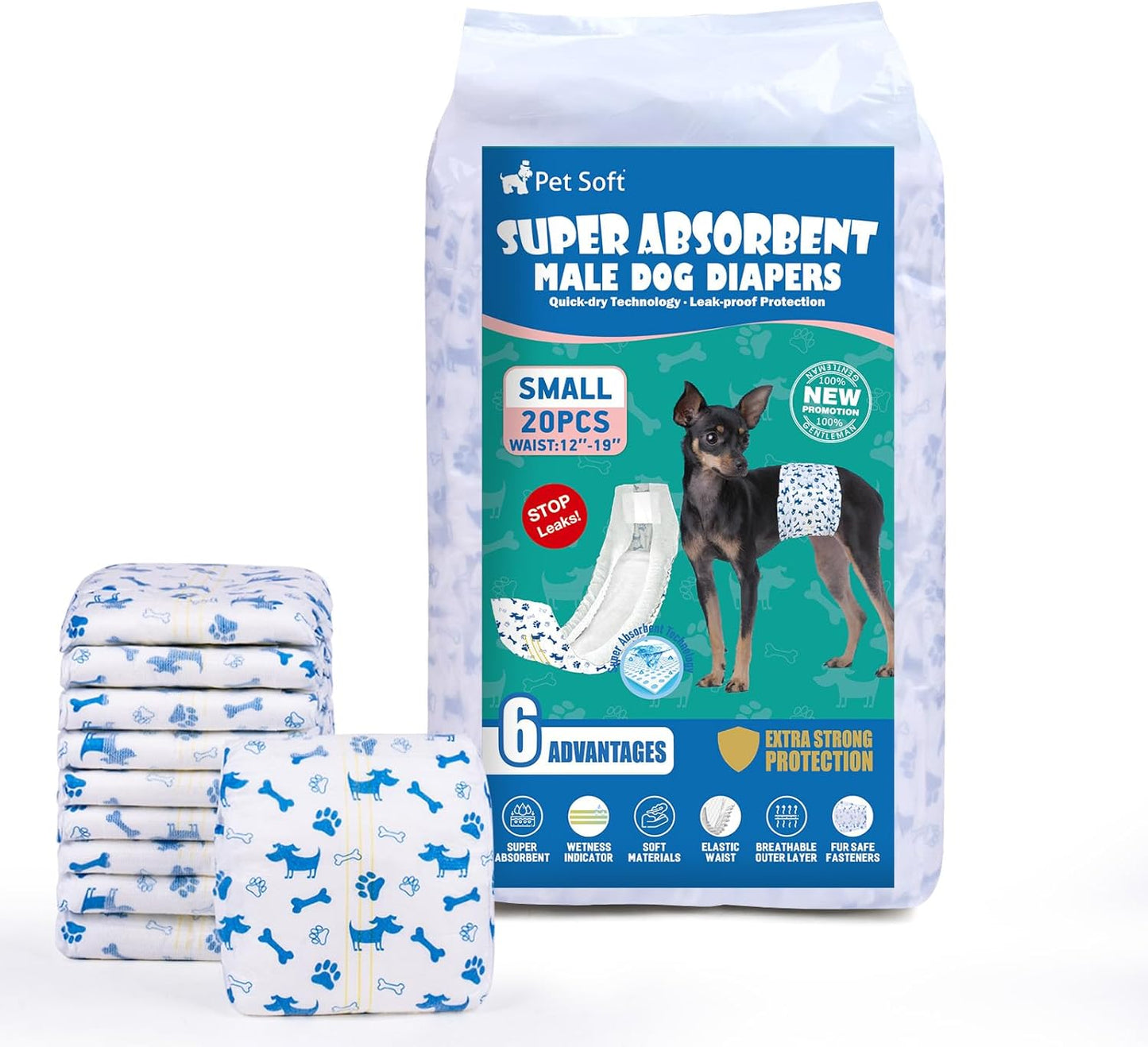 Disposable Male Dog Diapers with Wetness Indicator, 20pcs Small