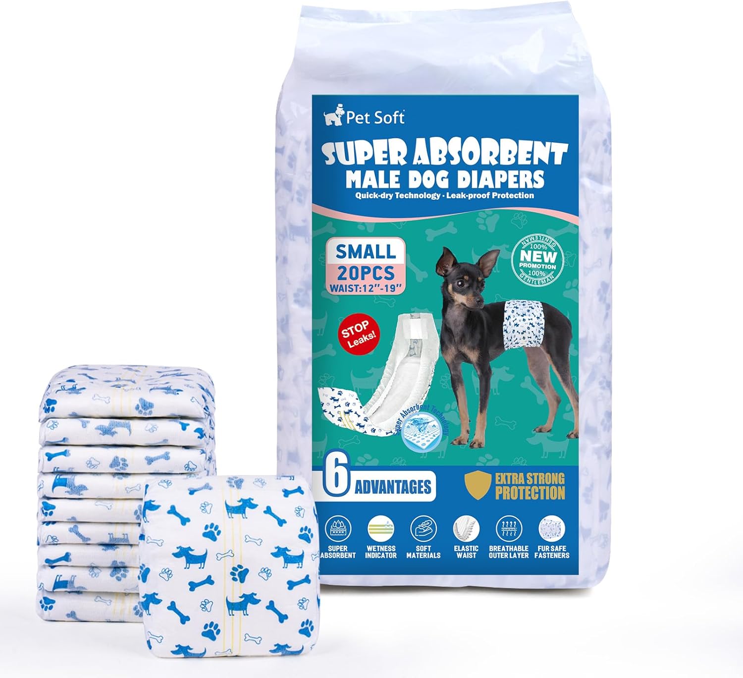 Disposable Male Dog Diapers with Wetness Indicator, 20pcs Small