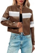 Tankaneo Cropped Moto Biker Jacket - Color Block Faux Leather