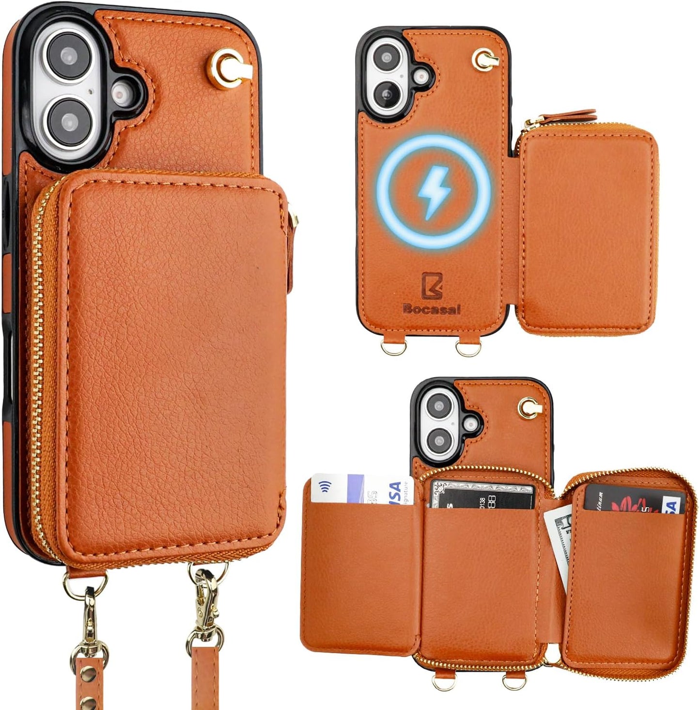 Bocasal MagSafe Crossbody Wallet Case for iPhone 16 - Brown