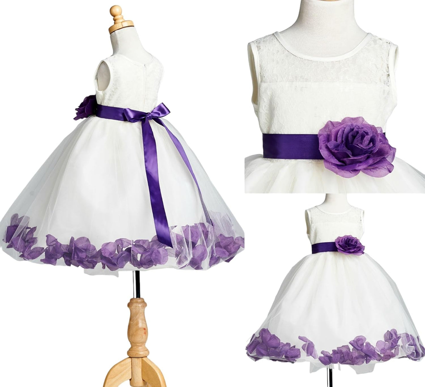 Ivory Lace Rose Petal Tulle Flower Girl Dress for Weddings