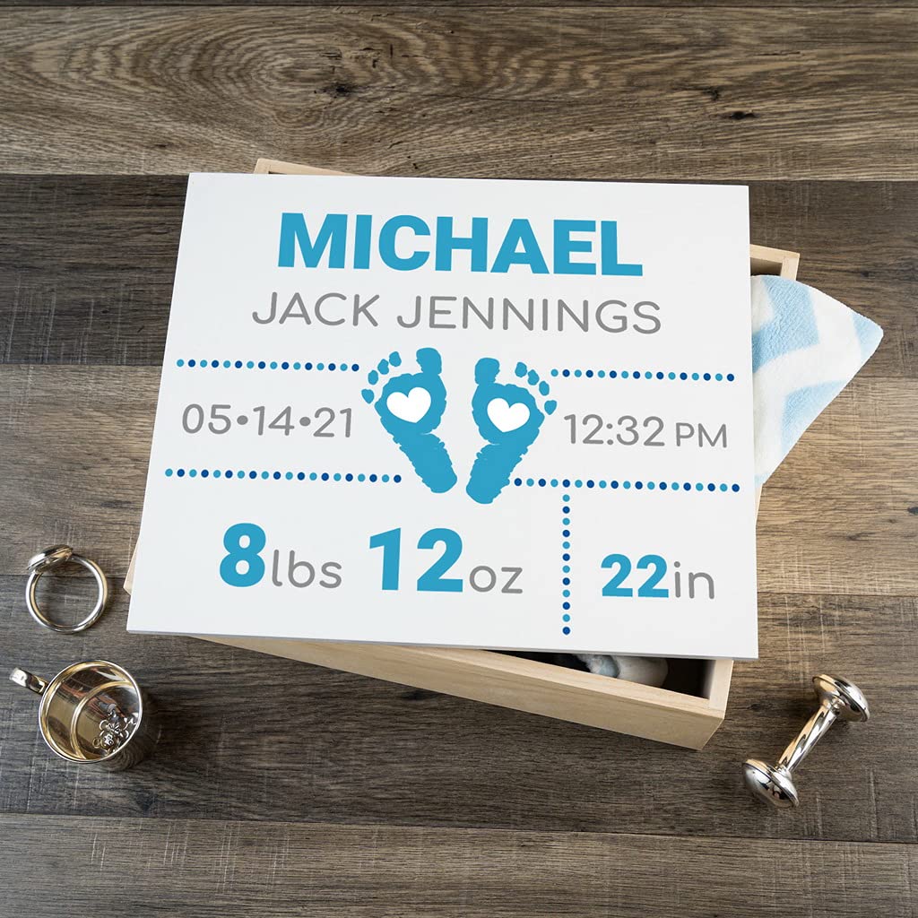 Personalized Baby Keepsake Box with Blue Footprints for Memories