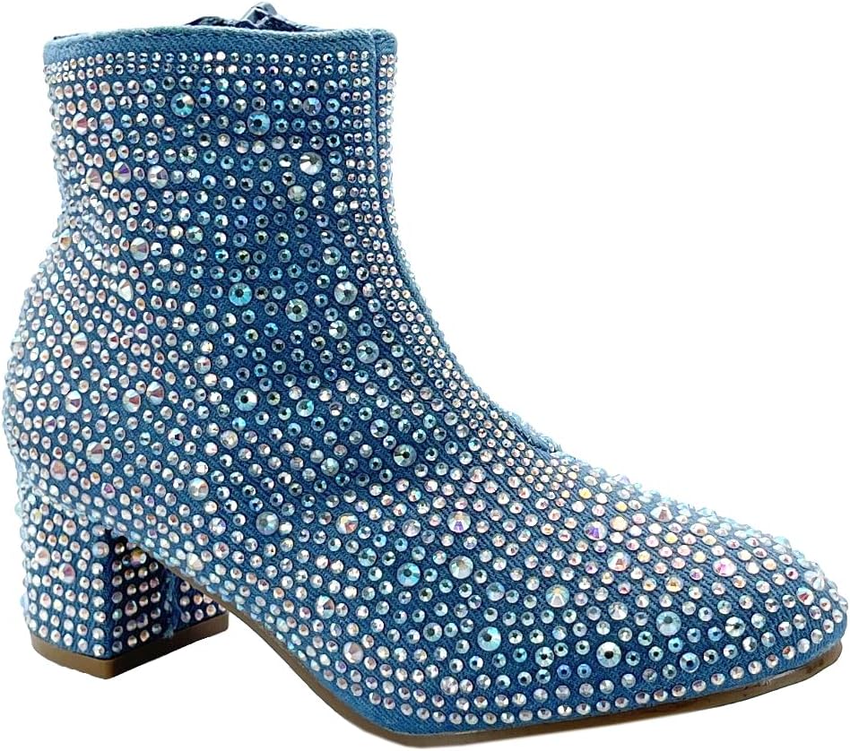 ABSOLEX Girle's Rhinestone Round Toe Block Chunky Low Heel Booties