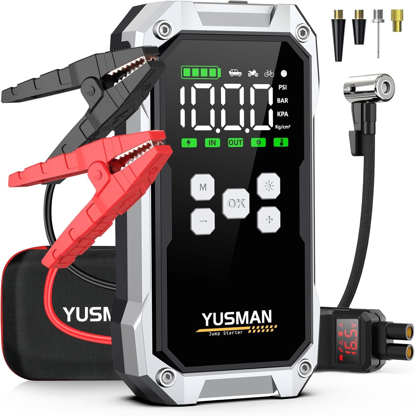 YUSMAN 7000A Jump Starter & Air Compressor: All Gas/Diesel, Smart Cables, LED Light