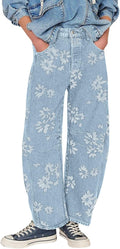 Women Y2k Distressed Barrel Jeans Baggy Floral Patchwork - Mid Rise