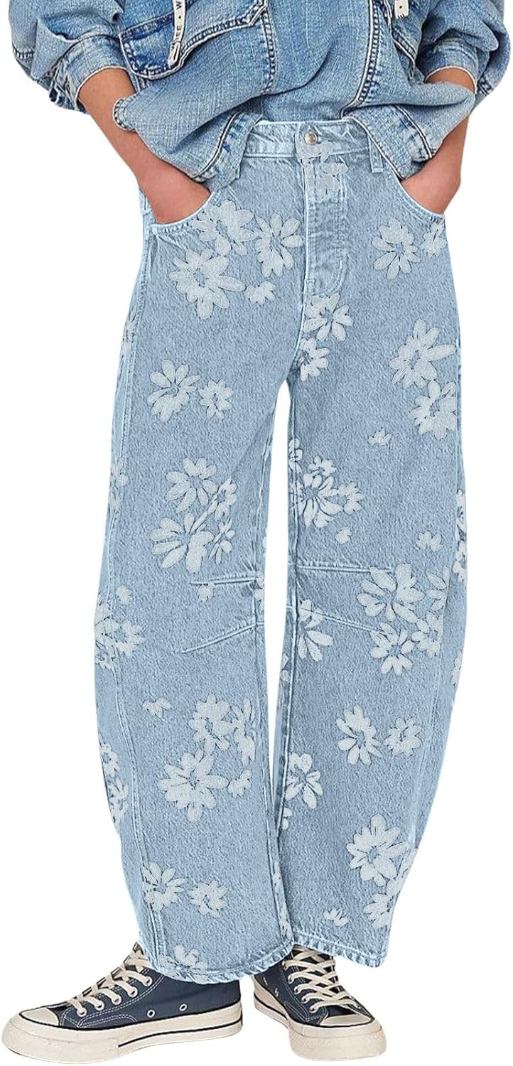 Y2k Distressed Barrel Jeans for Women - Floral Printed Baggy Style