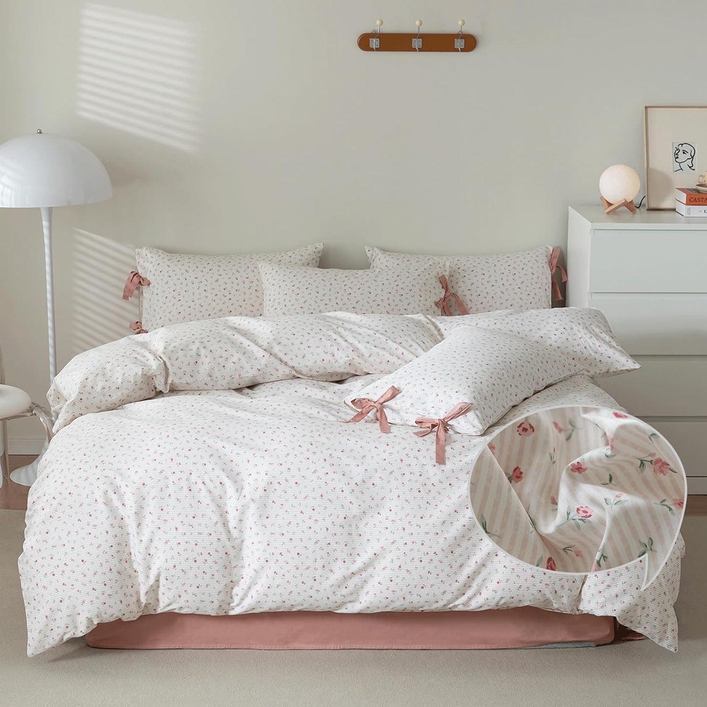 VM VOUGEMARKET Rose Flower Duvet Cover Queen Stripes Bedding Set