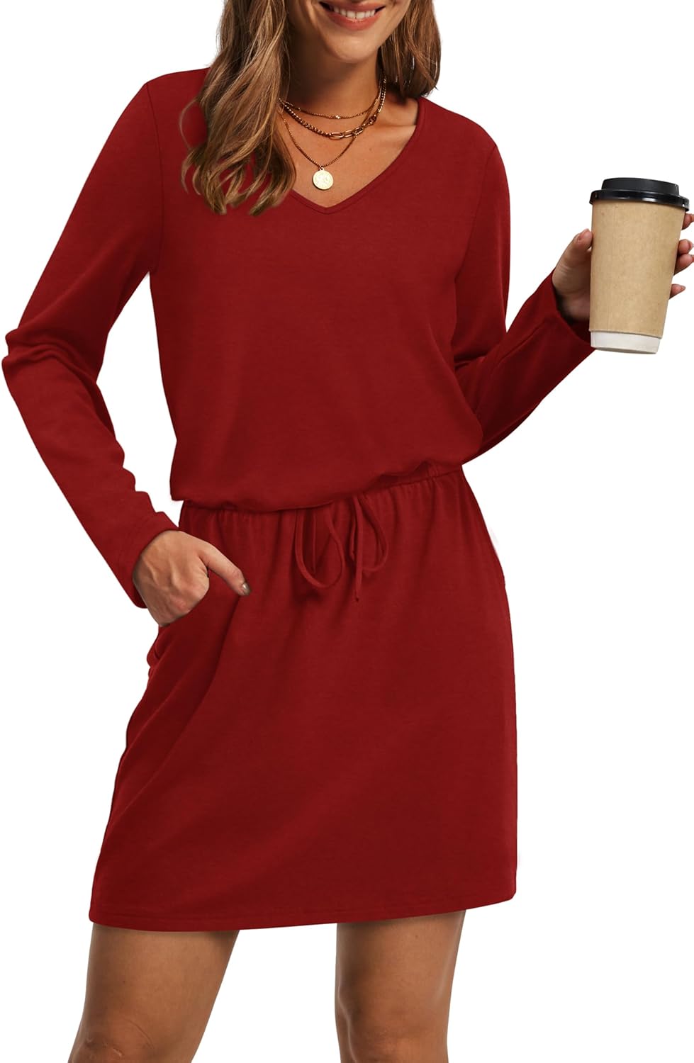 OFEEFAN Fall Dresses for Women - Casual V Neck Long Sleeve Style