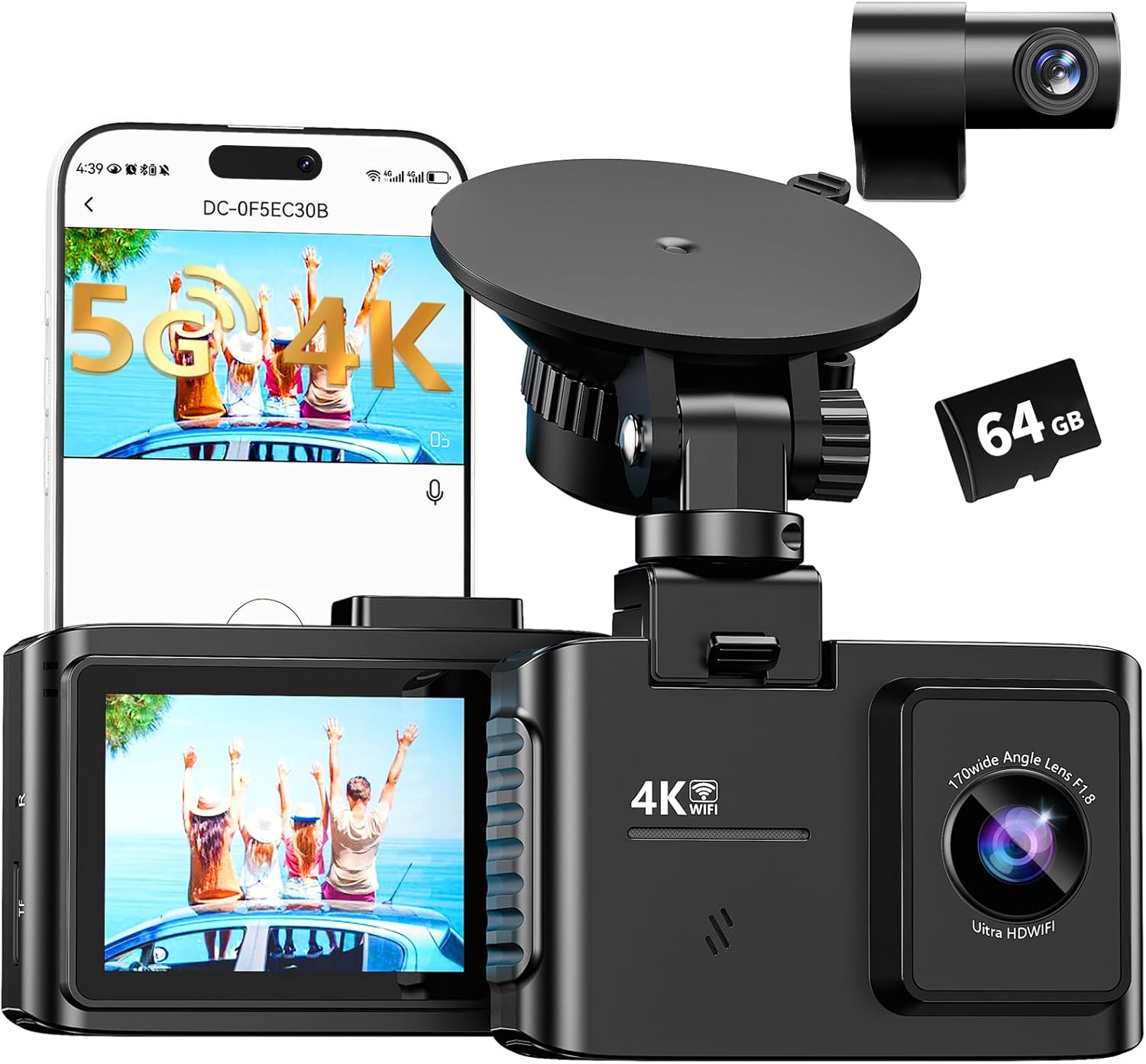 WANLIPO 4K Dual Dash Cam: WiFi, 64GB, Night Vision