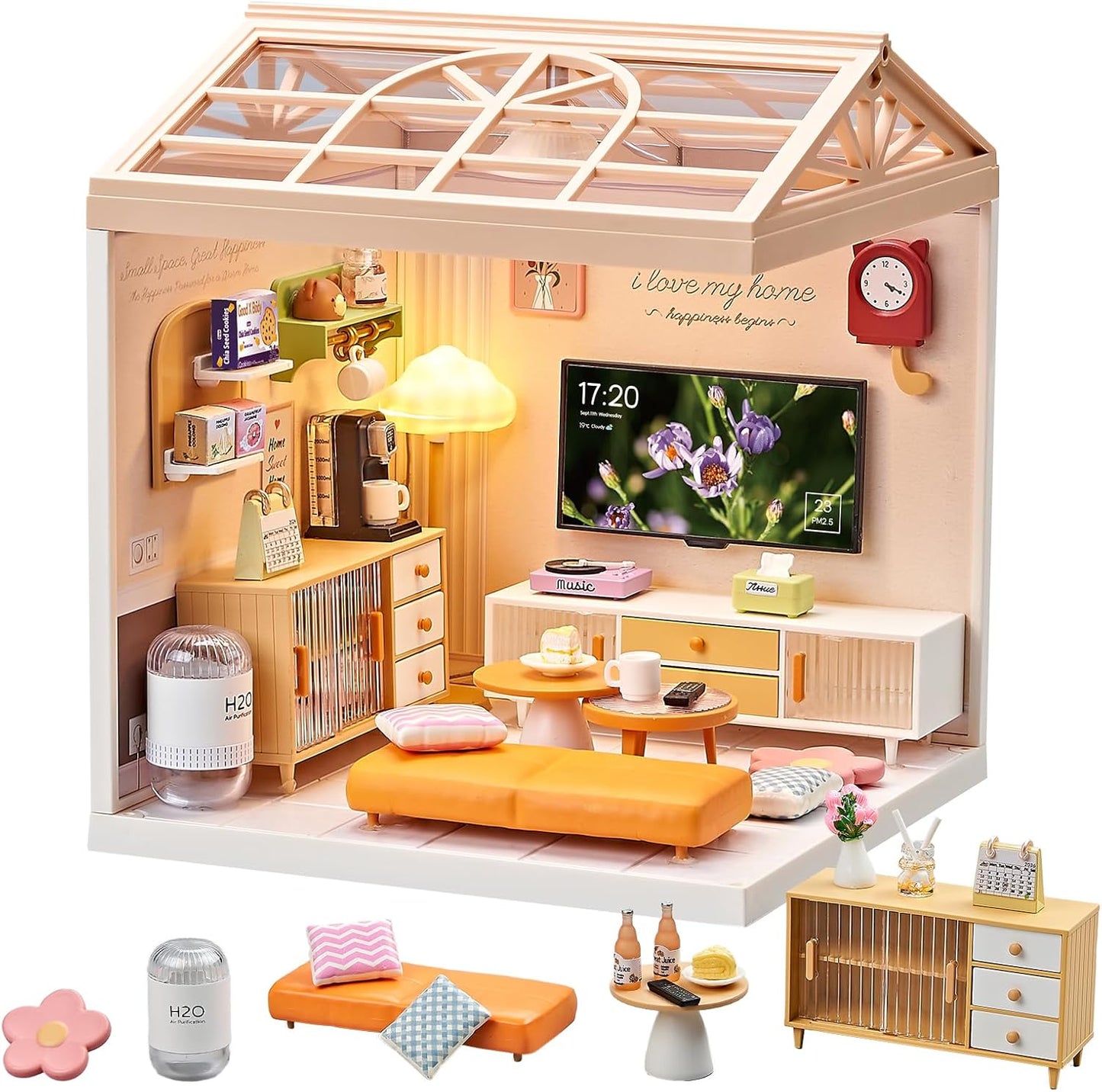 Miniature Living Room DIY Play Kit with LED Light for Kids