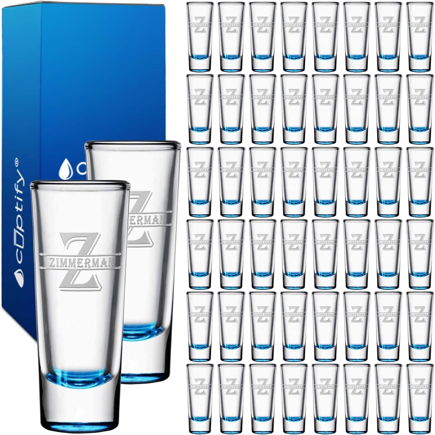Personalized Shot Glasses Set of 50 with Elegant Lite Blue Bottom