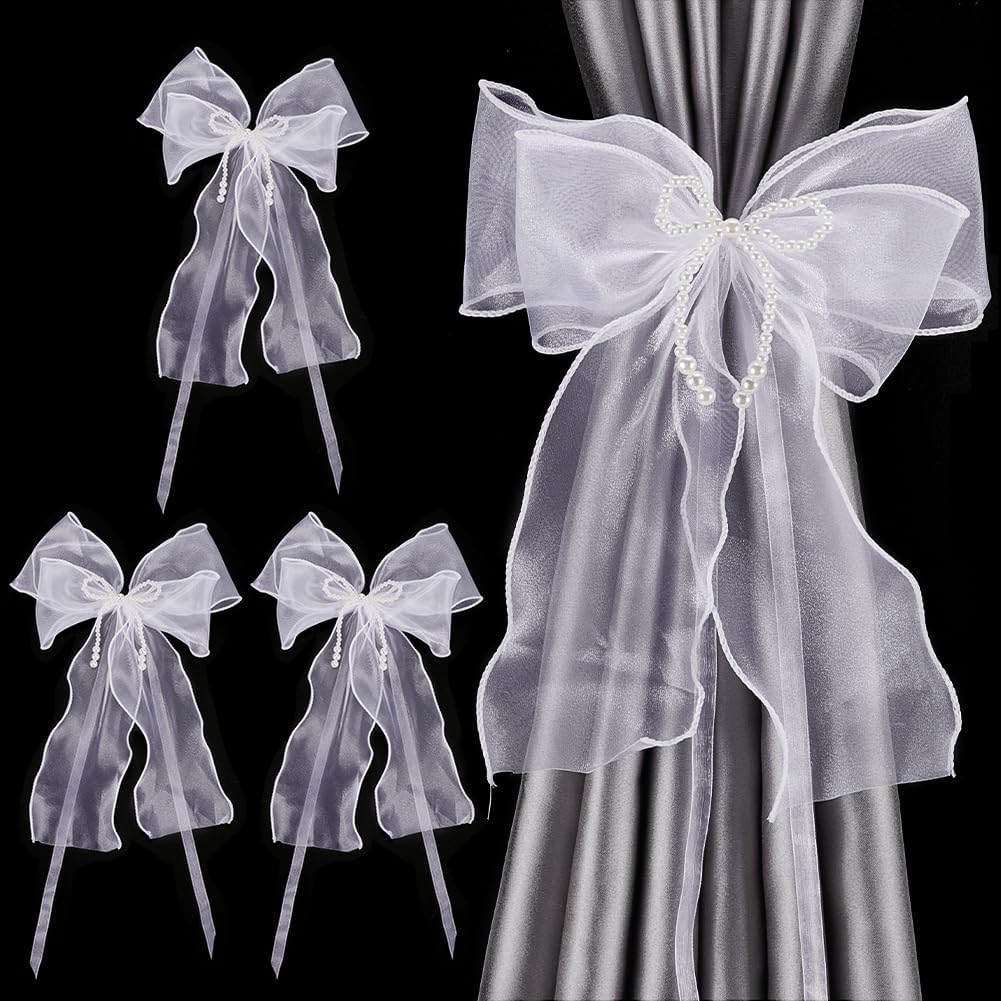 Luxurious White Bow Curtain Tiebacks - Set of 4