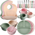 24 Pack Silicone Baby Feeding Set in Dark Green Beige Light Pink