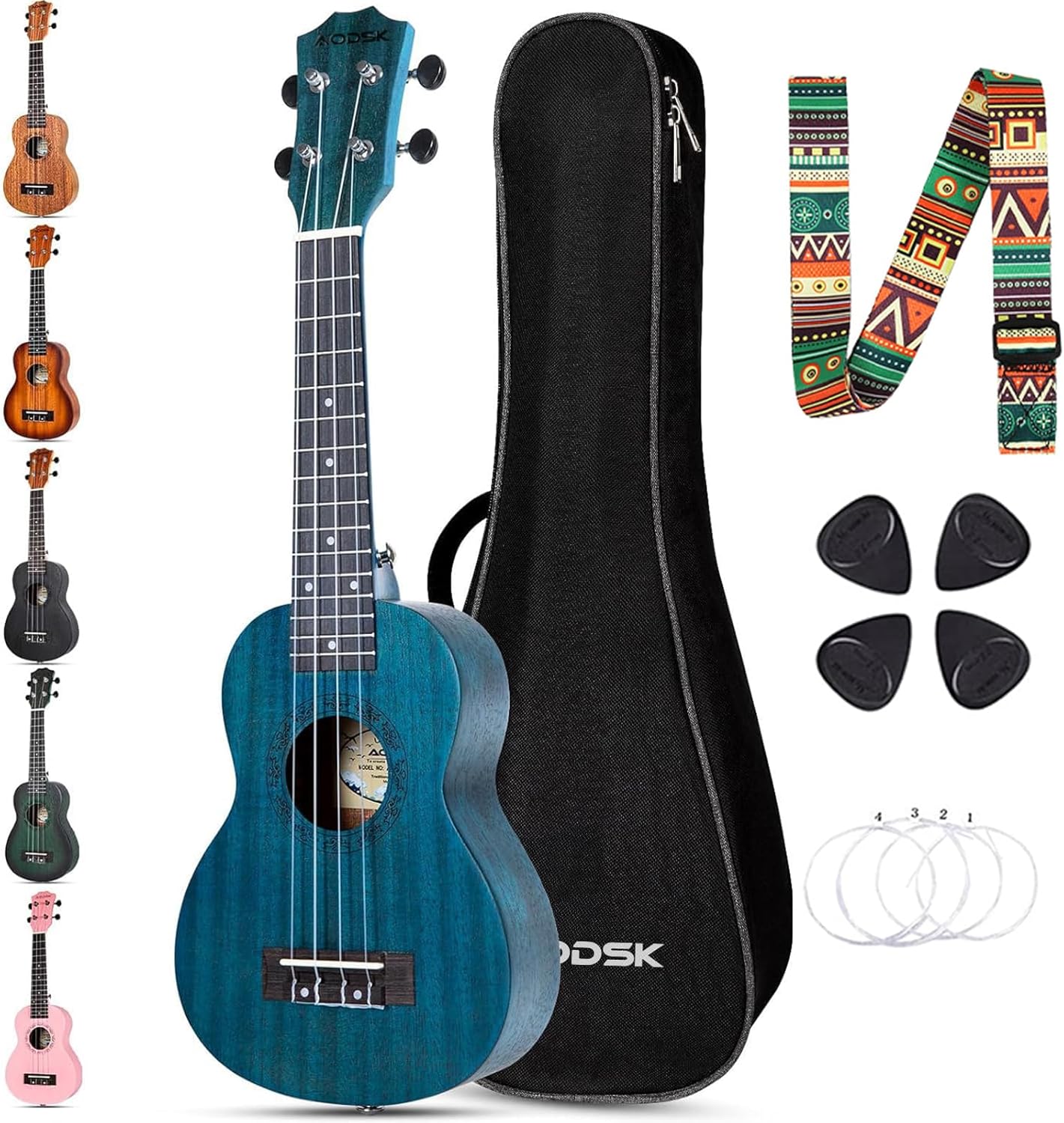 AODSK Concert Blue Ukulele for Beginners with Gig Bag and Picks