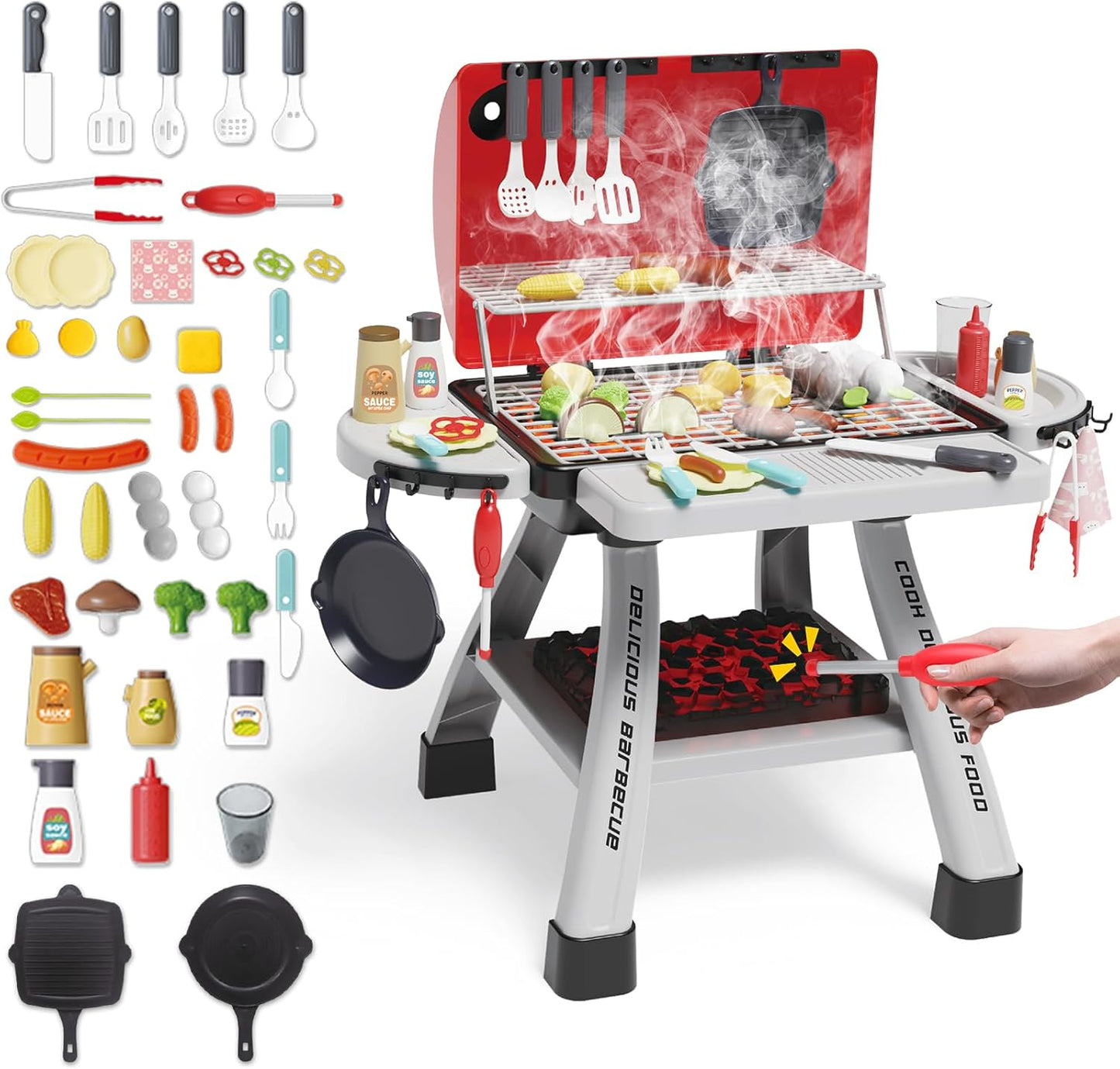 deAO Kids BBQ Grill Set - Realistic Smoke & Light for Imaginative Cooking