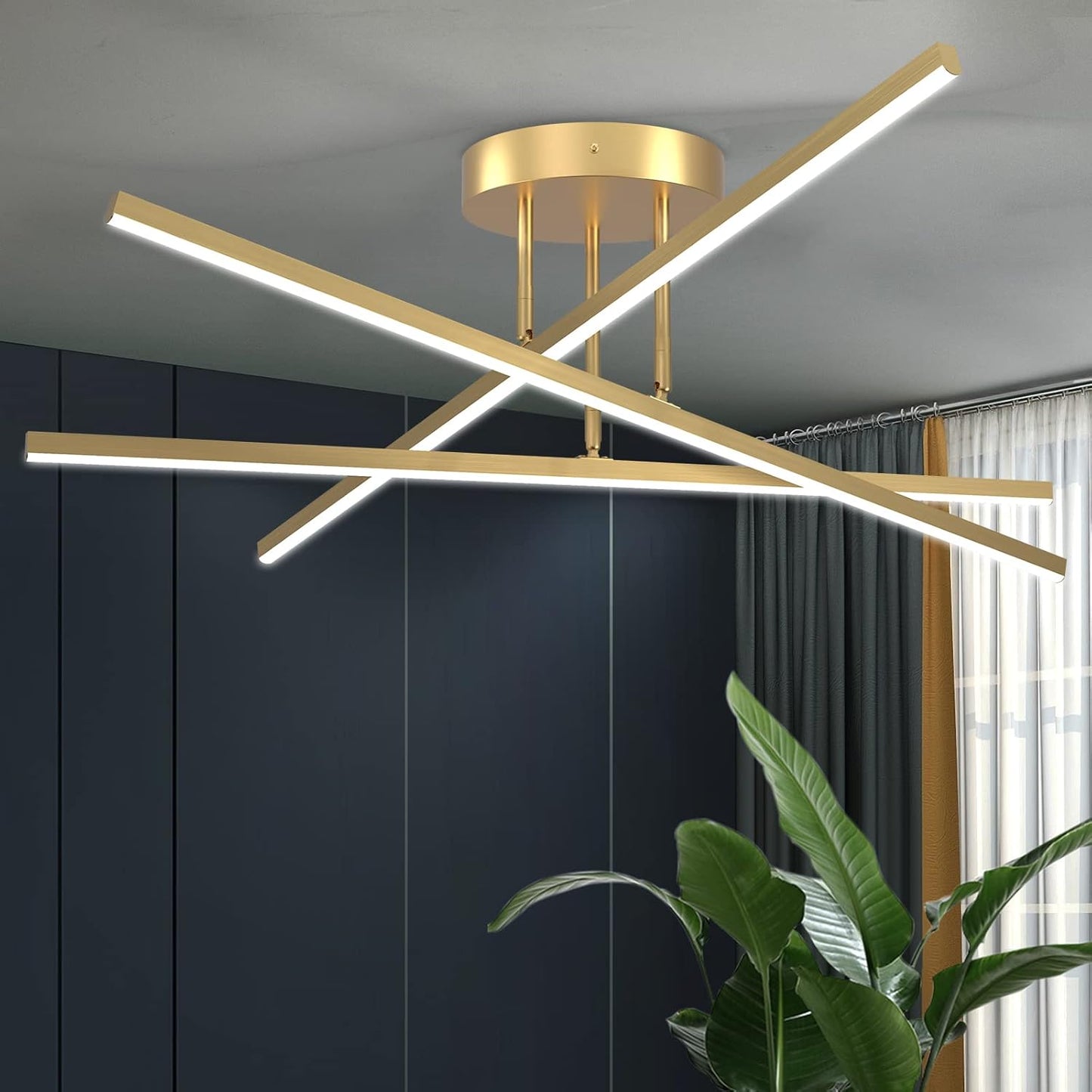 Gold LED Chandelier - Modern 3-Lights Semi Flush Mount Fixture