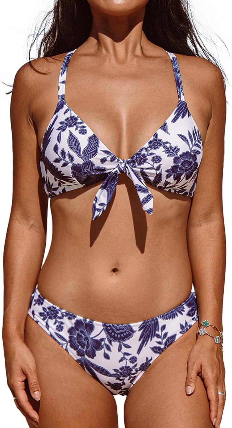 CUPSHE Women's Floral Print Knot Bunny Tie Two Piece Bikini Set