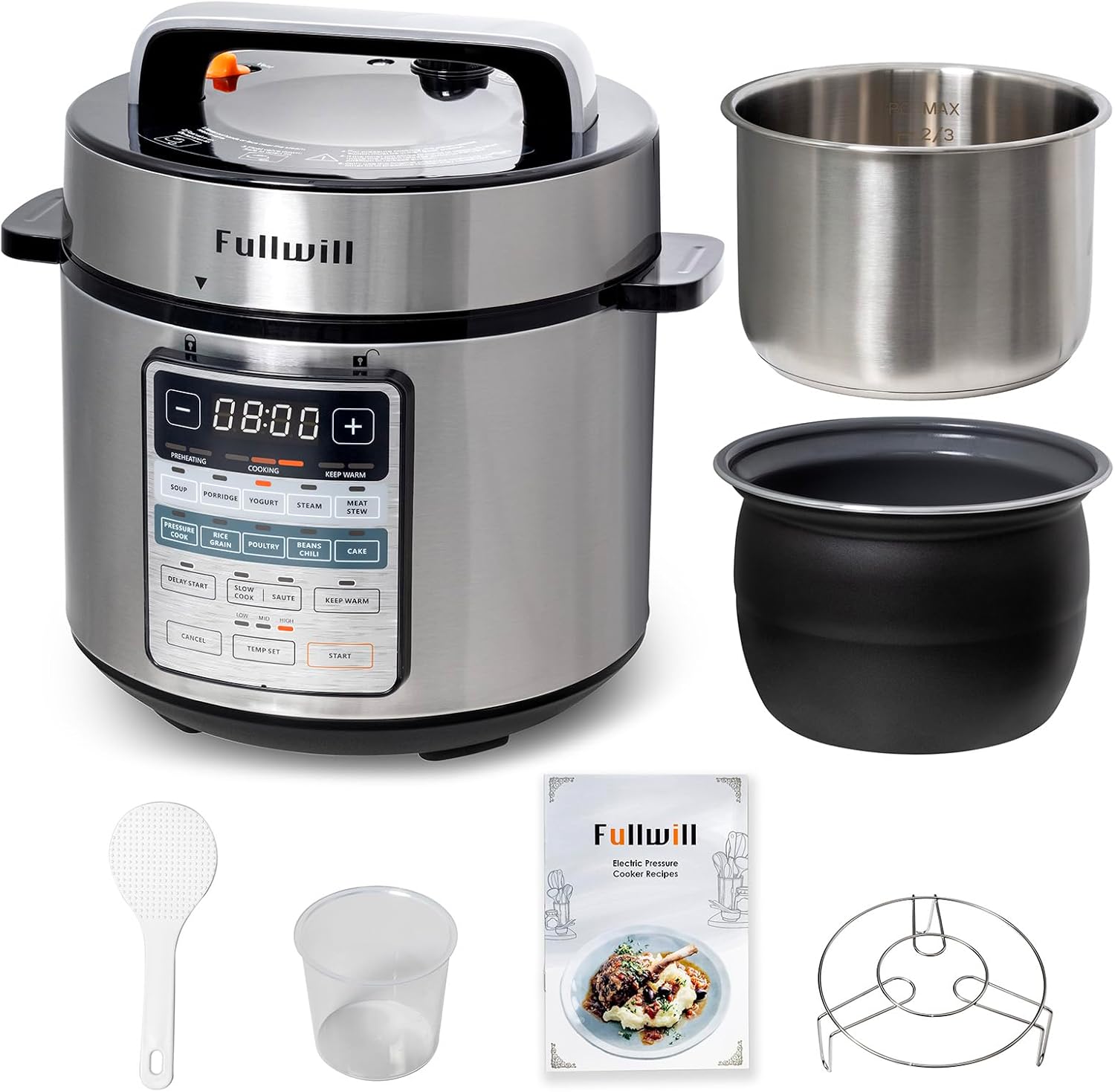 Fullwill 6QT Electric Pressure Cooker: 12-in-1 MultiFunction, Dual Pots