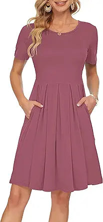 AUSELILY Women's Short Sleeve Pleated Casual Dress with Pockets