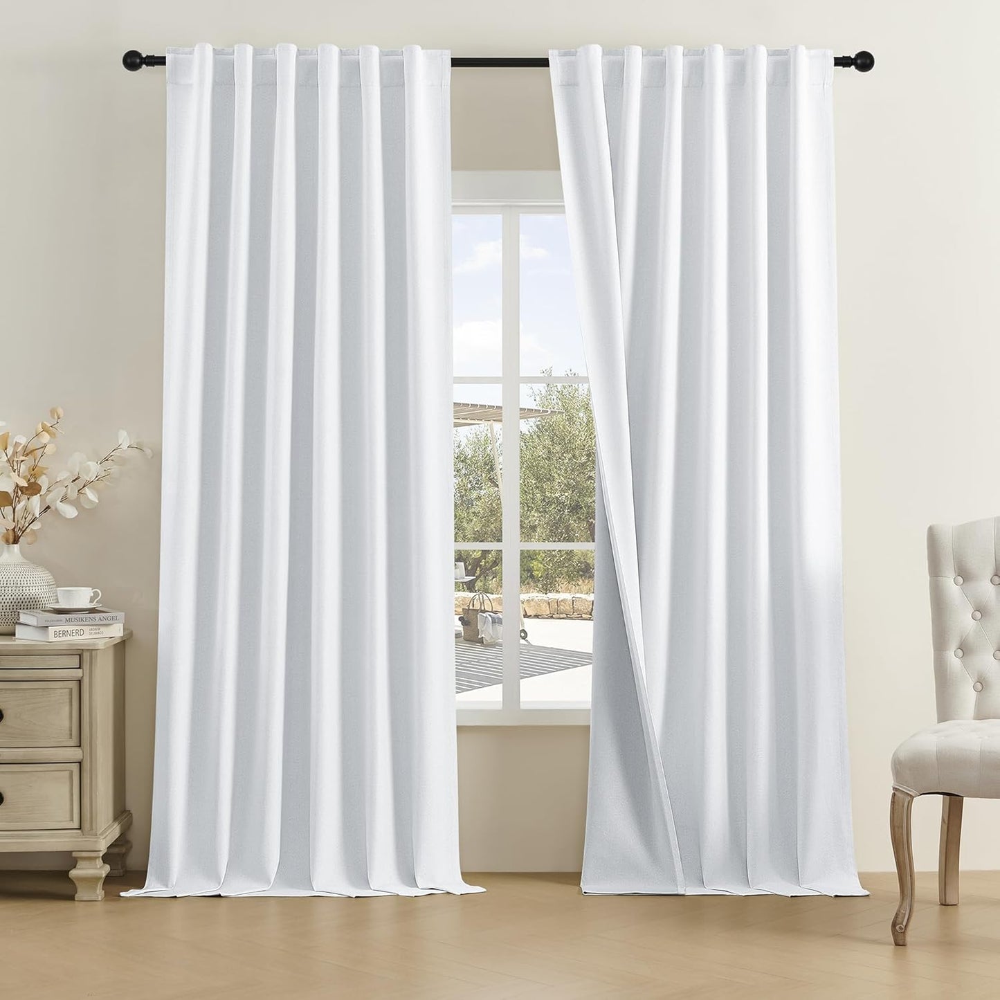 DUALIFE Greyish White Linen Curtains for Blackout Sliding Doors