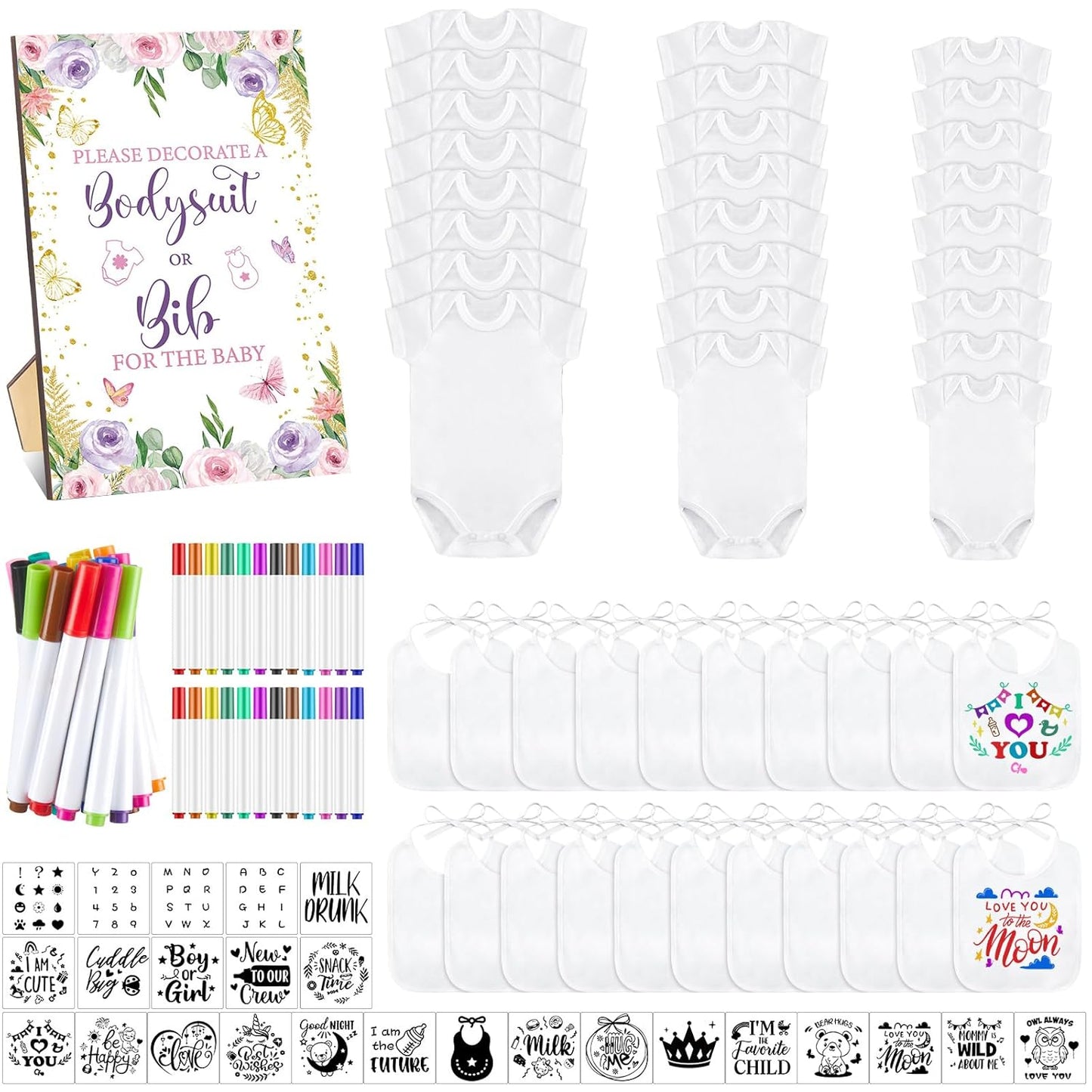 DIY Baby Shower Bibs Set with Wooden Sign and Fabric Markers