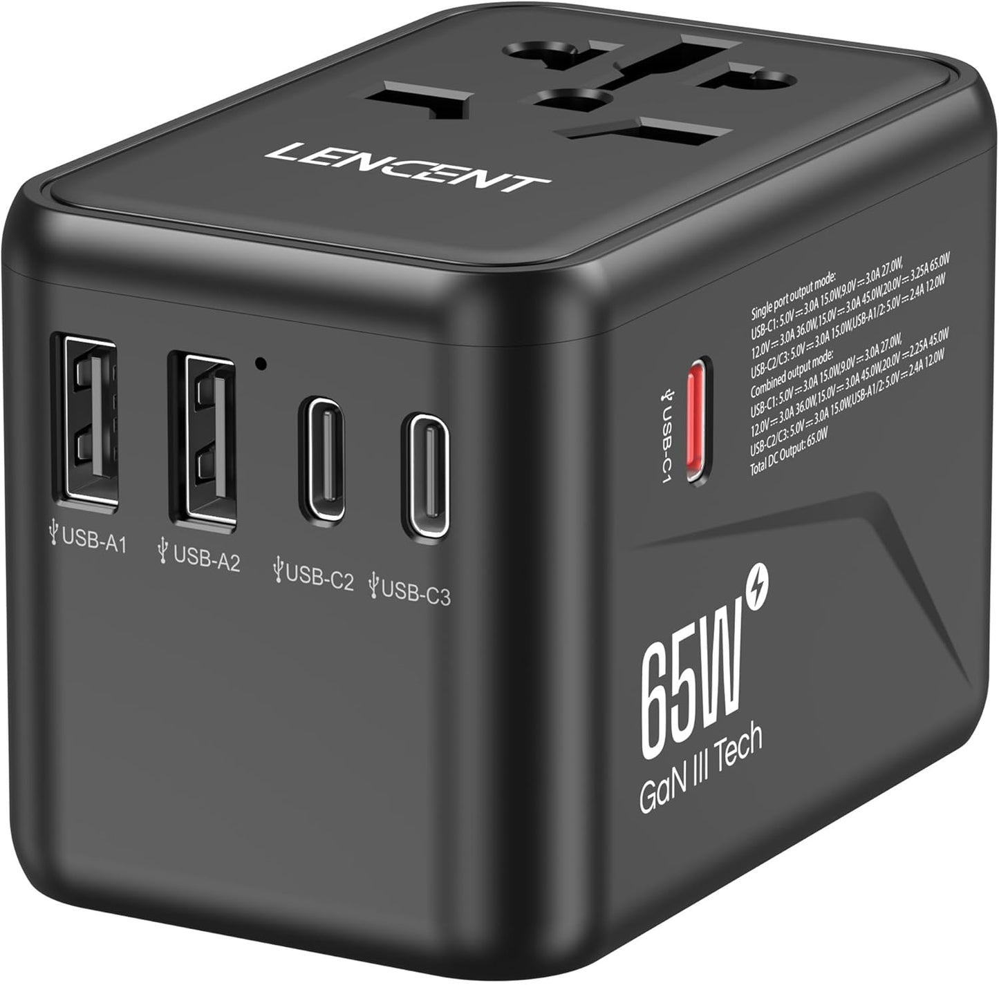 LENCENT Universal Travel Adapter: 65W GaN III Charger for All Devices