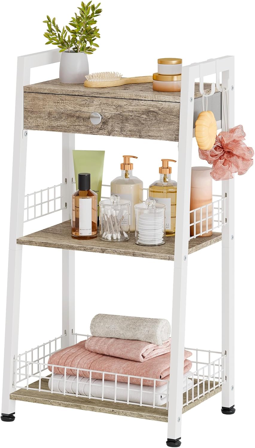 3-Tier Bathroom Ladder Shelf with Drawer for Home Organization