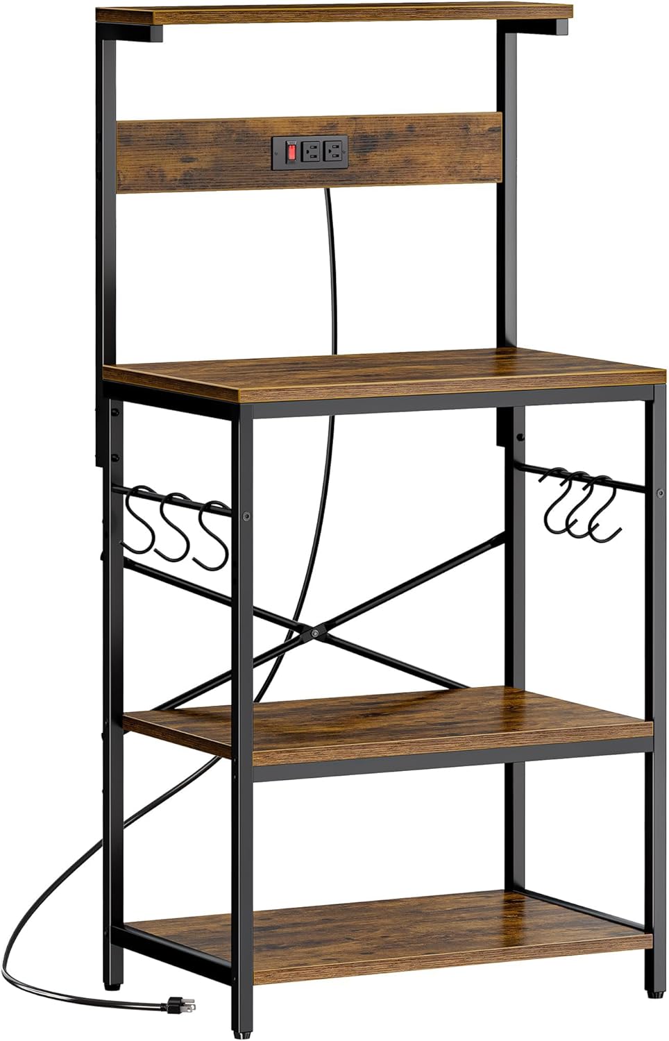 Rustic Brown Kitchen Bakers Rack - Power Outlet, 4 Tiers, 6 Hooks