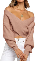 Off The Shoulder Cropped Sweater for Women - Wrap V Neck Style