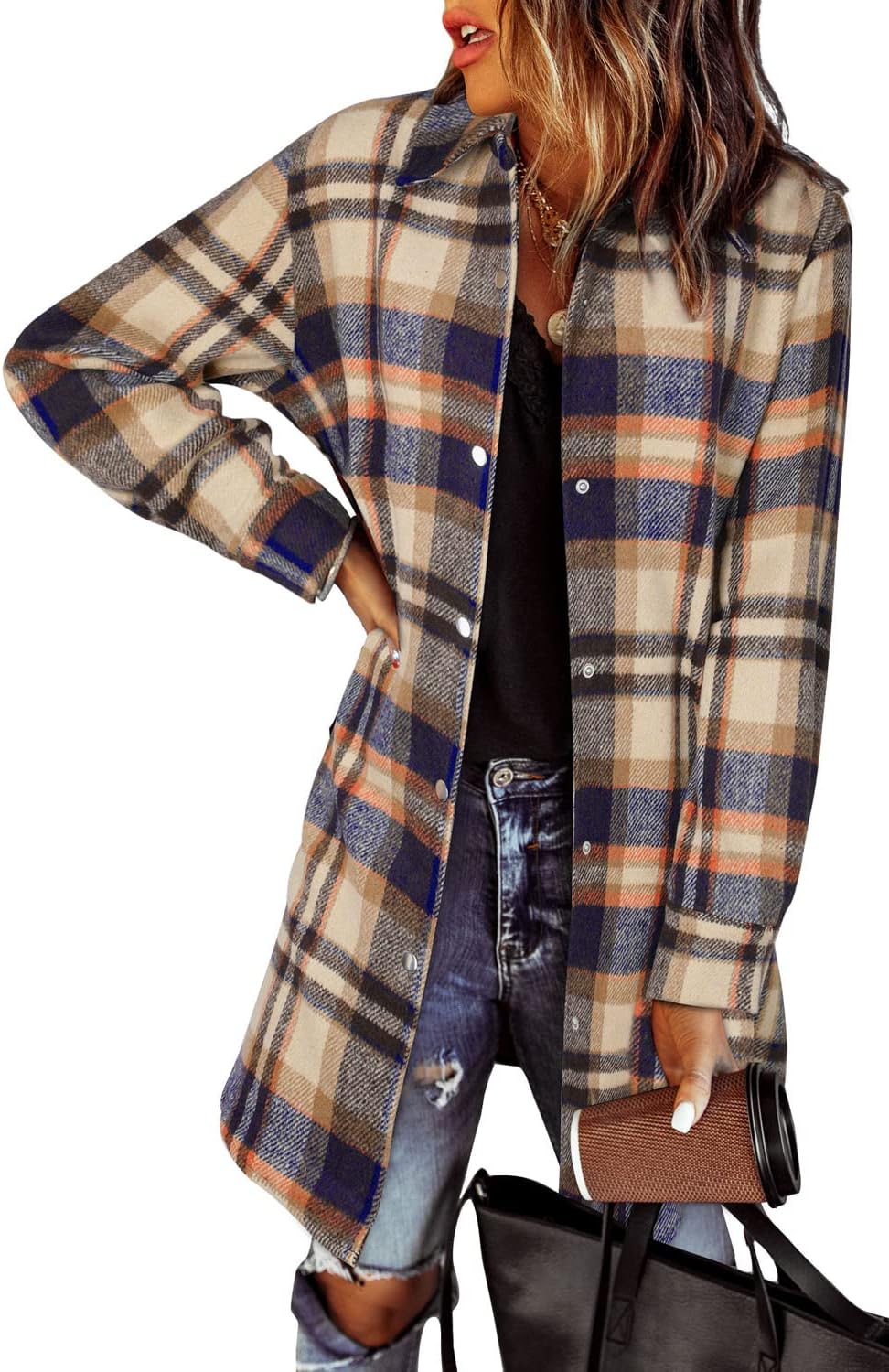 EVALESS Color Block Plaid Shacket Jacket for Women This Fall