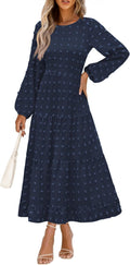 Women's Swiss Dot Long Sleeve Maxi Dress - Flowy A Line Fit