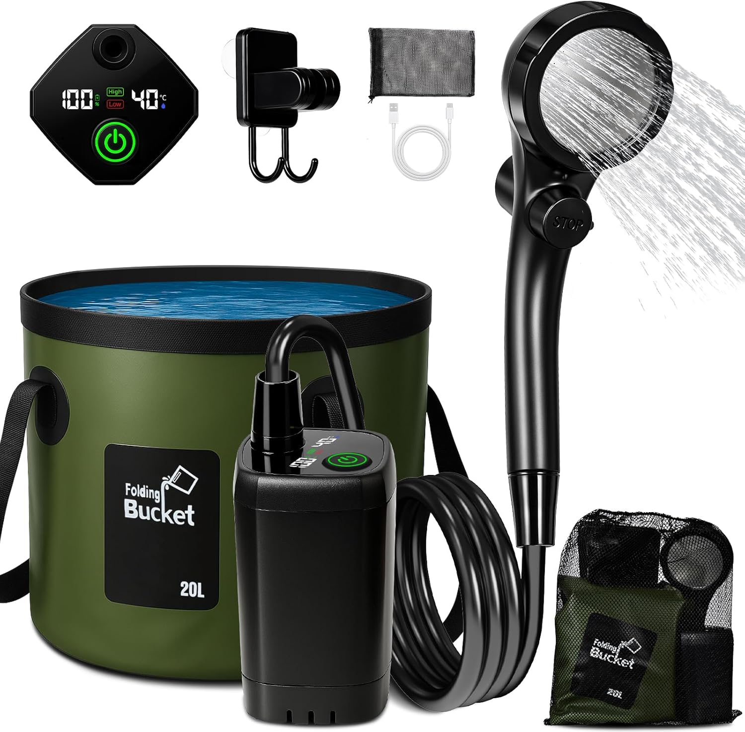 Portable Shower for Camping with 5.3 Gallons Foldable Bucket
