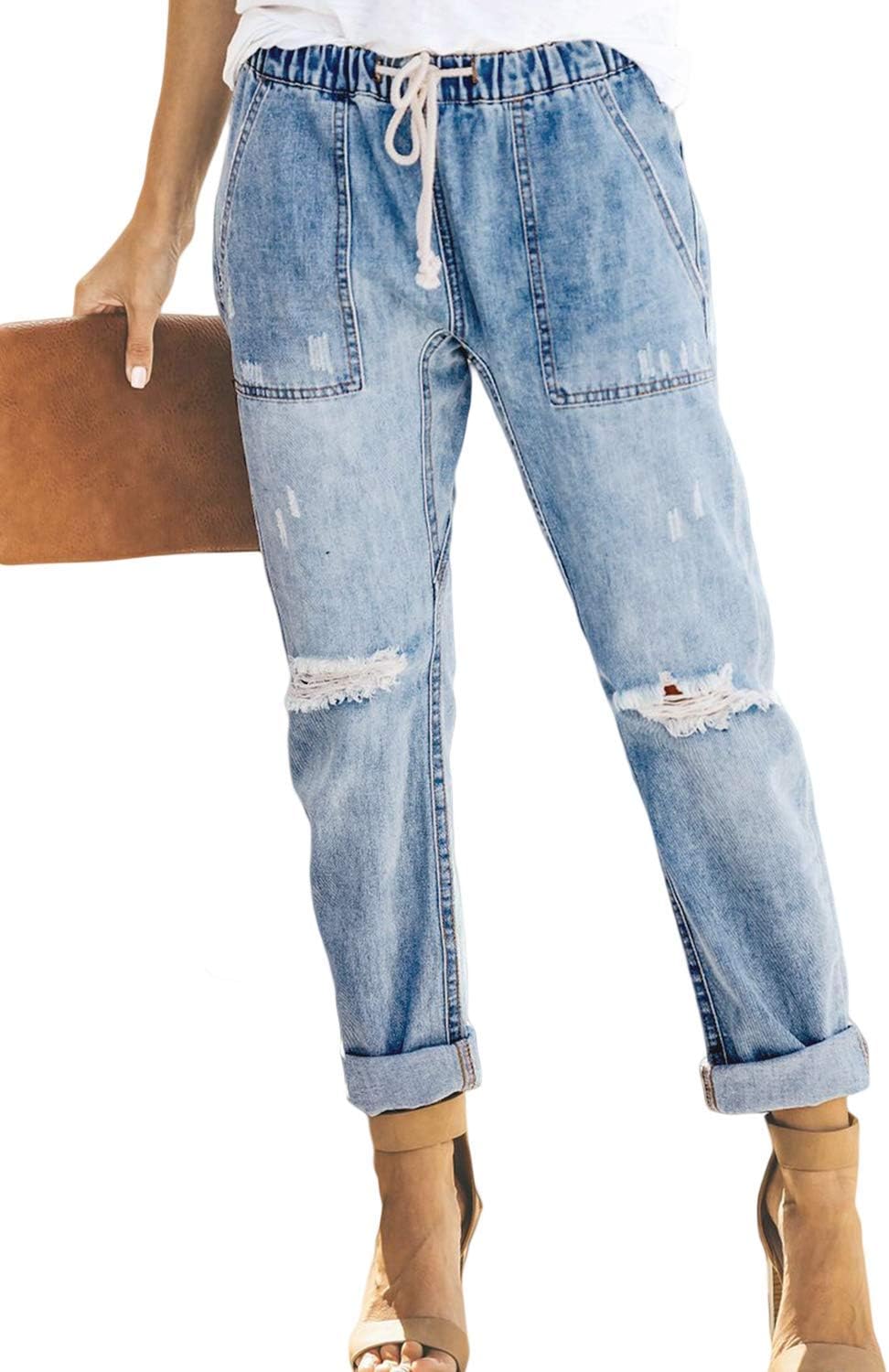 Womens Casual Pull-on Distressed Stretch Jeans for Comfort