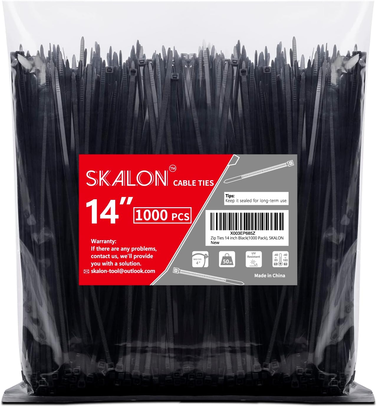 SKALON Black Zip Ties 14 (1000 Pack) - 50lb Strength, UV Resistant