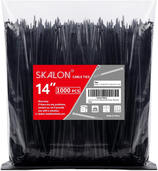 SKALON Black Zip Ties 14 (1000 Pack) - 50lb Strength, UV Resistant