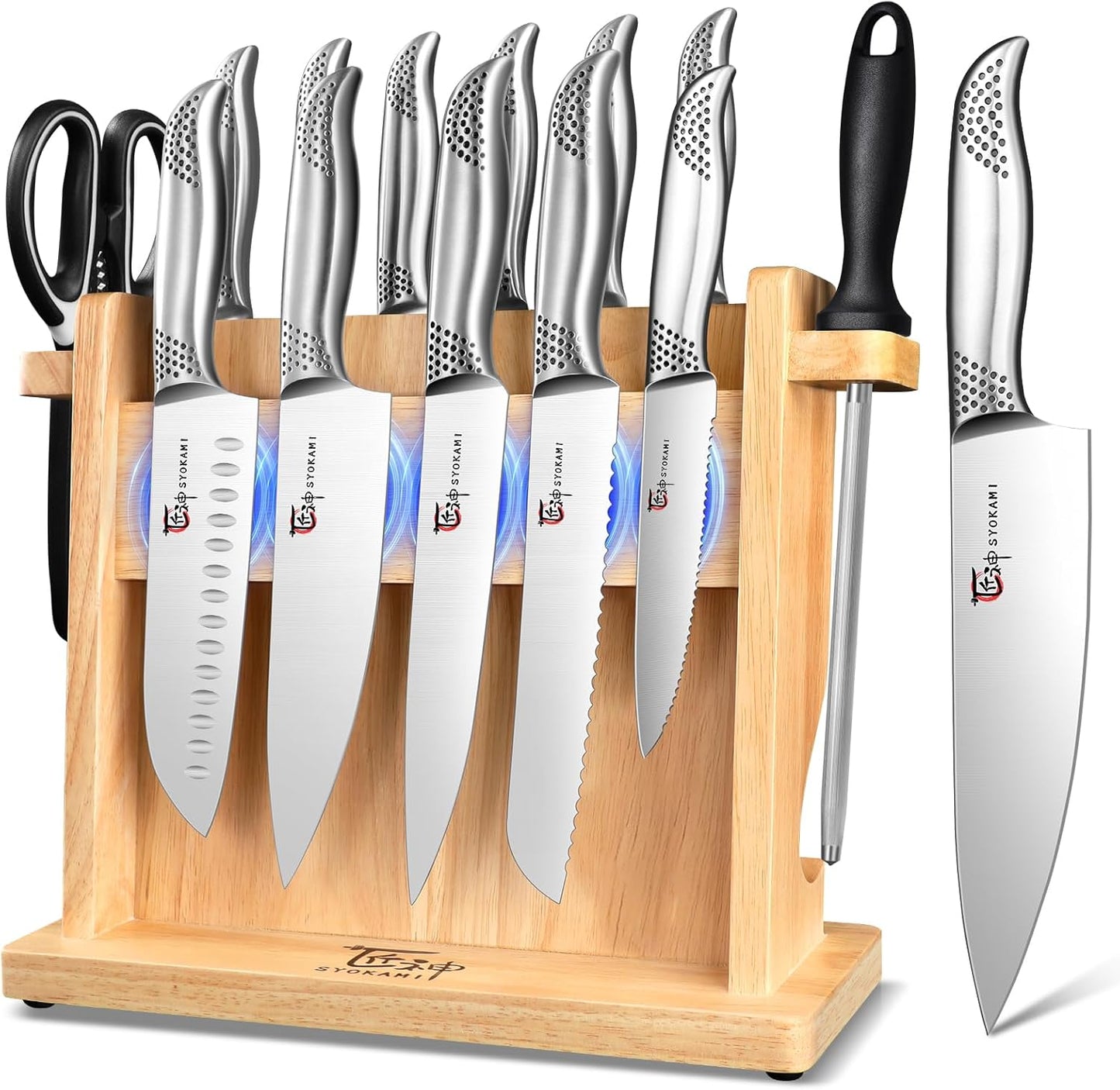 Japanese Knives Set for Kitchen with Magnetic Block and Sharpener