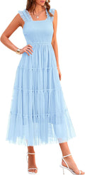Women's Tulle Midi Dress Smocked Ruffle Sundress - Flattering A-line