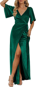 MEROKEETY V Neck Wrap Velvet Maxi Dress - Elegant Everyday Formal