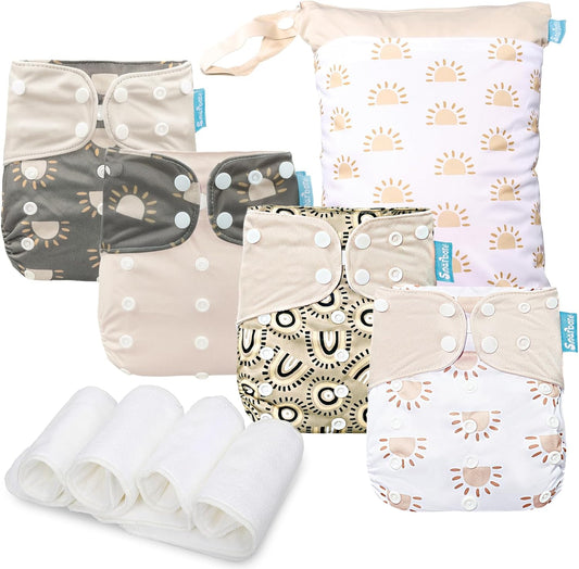 Smarbore Reusable Cloth Diapers Set: 4x Inserts, Wet Dry Bag!