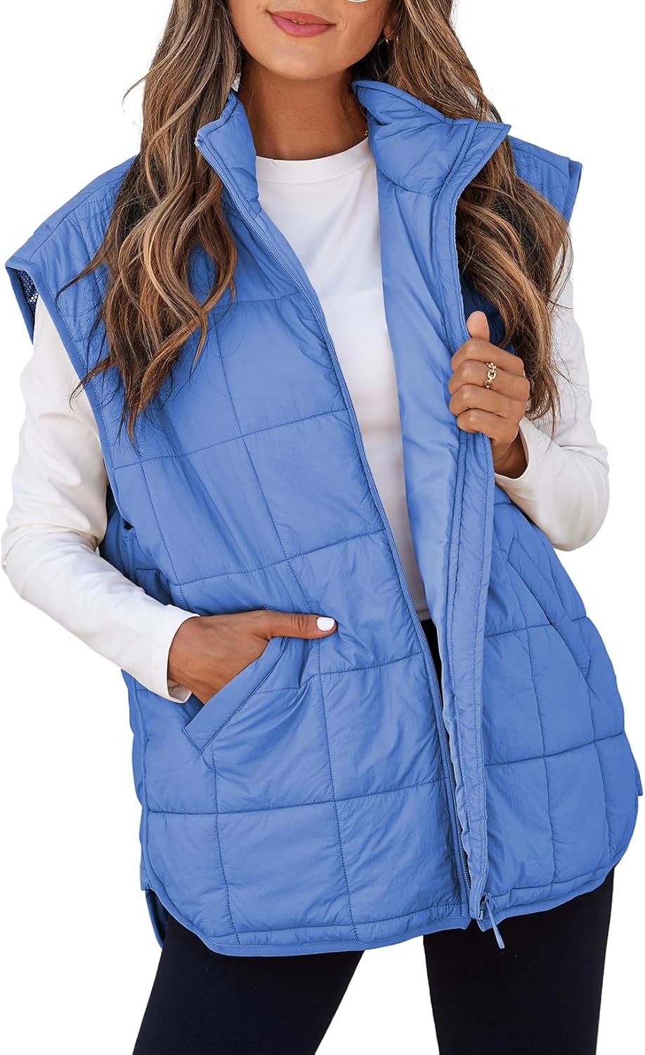 EVALESS Womens Puffer Vest Zip Up Cap Sleeve Jackets for Fall