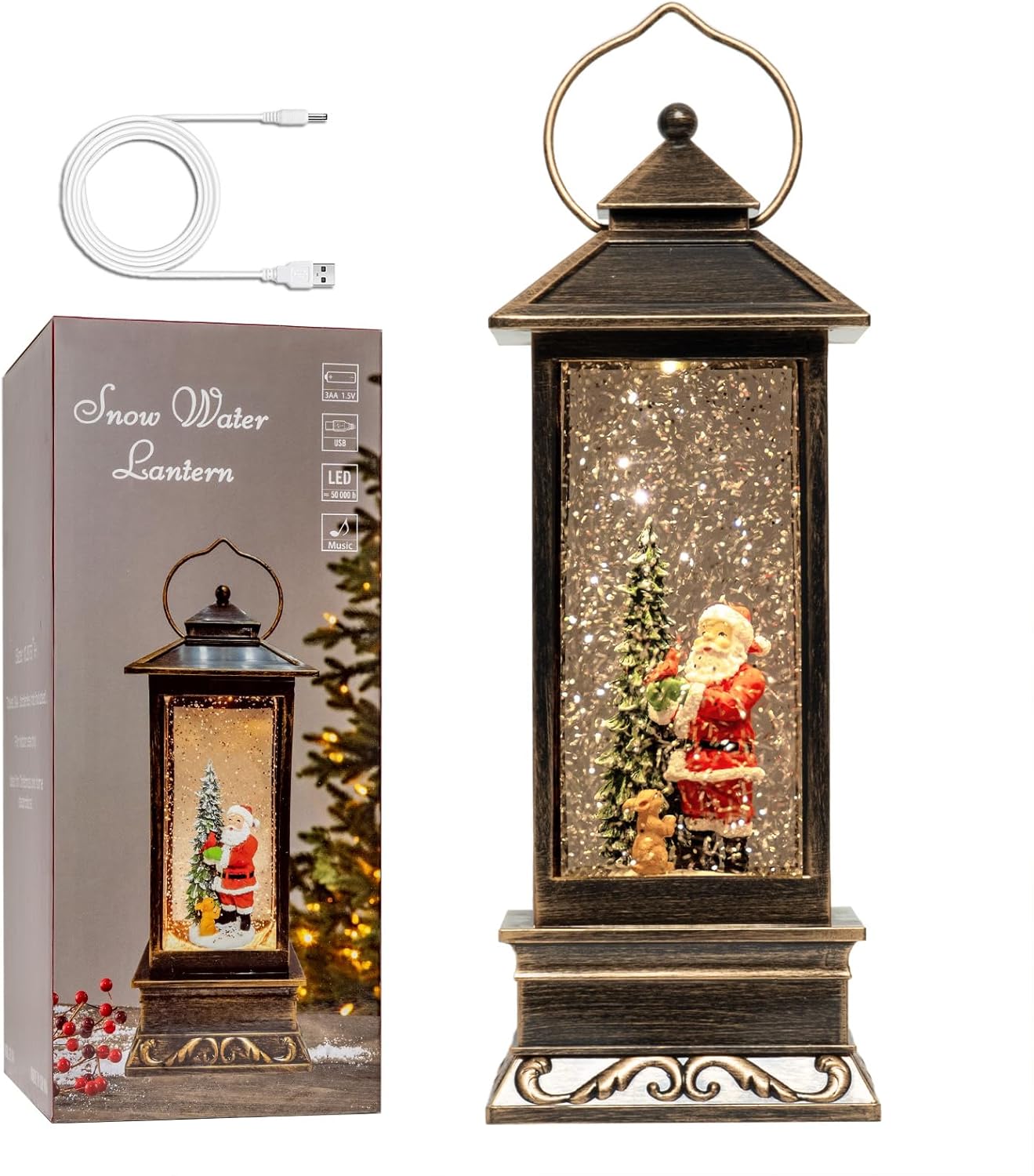 12in Christmas Snow Globe Lantern with Santa and Rabbit Decor