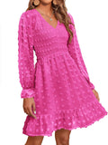 Long Sleeve V Neck Swiss Dot Smocked Ruffle Chiffon Dress - Flattering