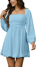 Women's Square Neck Pleated Long Sleeve Mini Dress - Flattering Fit