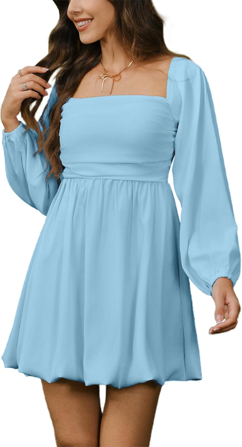 HYPERFIRE Women's Square Neck Pleated Long Sleeve Mini Dress