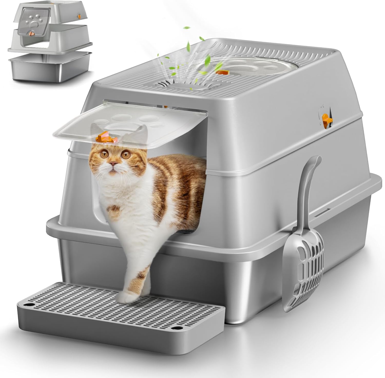 XL Stainless Steel Cat Litter Box with Lid for Big Cats