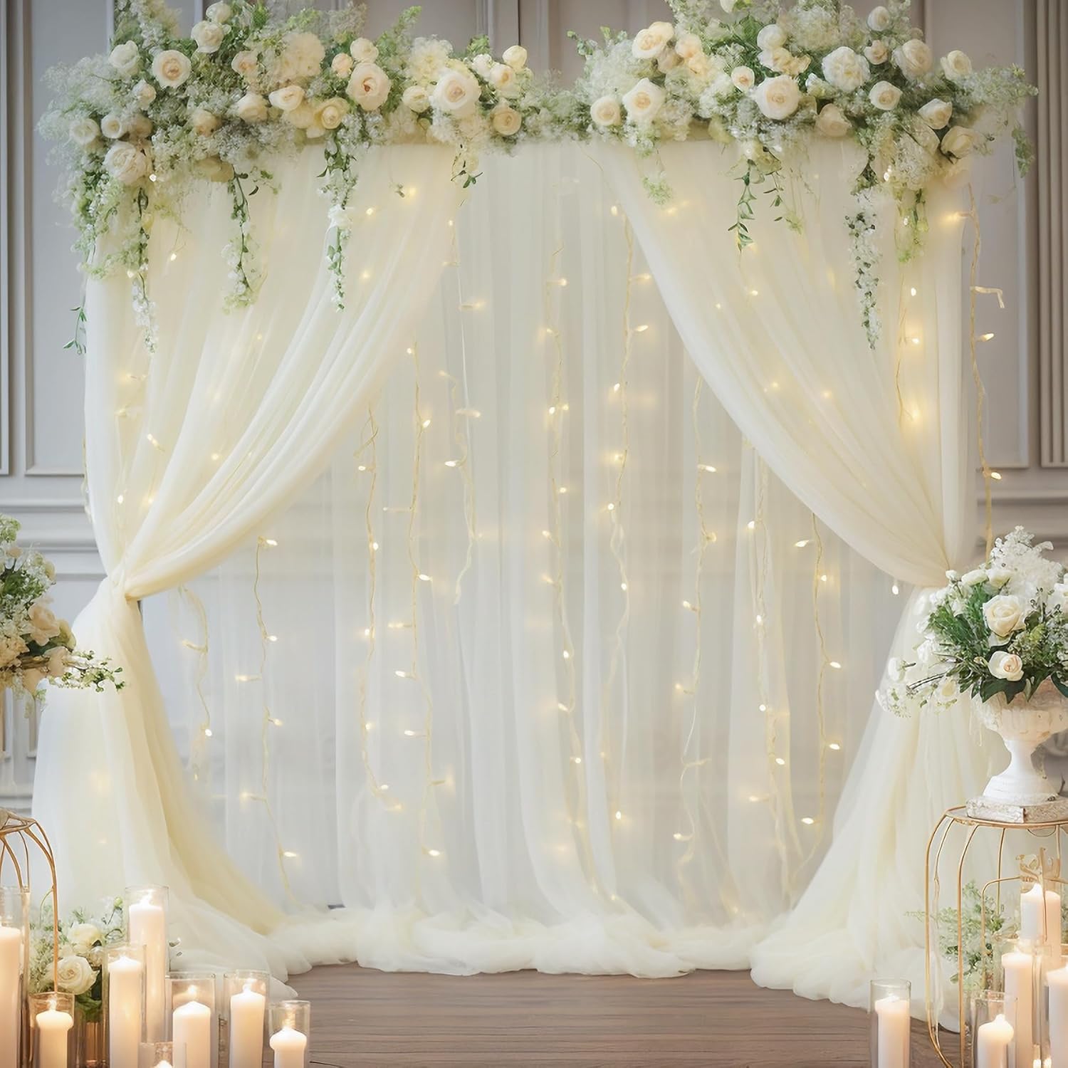 Elegant 3010ft Cream White Tulle Backdrop Curtain with Lights