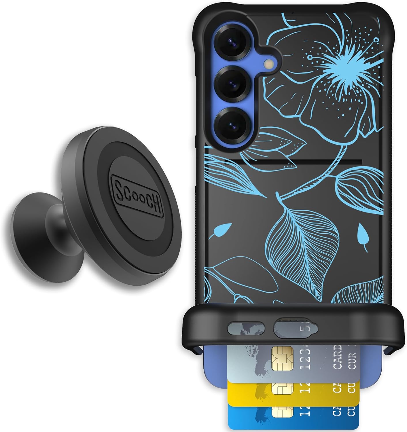 Scooch Wingmate Wallet Case for Samsung Galaxy S25 Plus, Blue Hibiscus